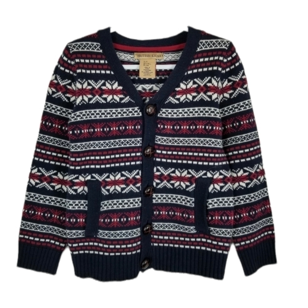 British Khaki Fair Isle Cardigan Sweater Button Pockets Red White Blue Unisex 4